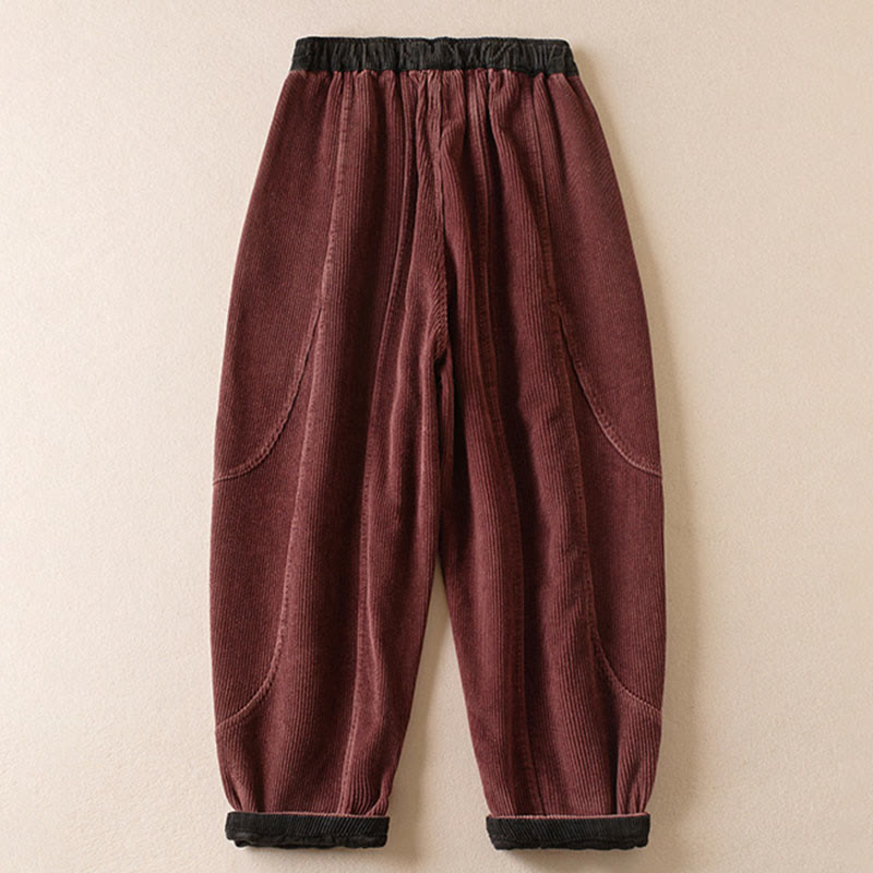 Color Contrast Corduroy Cotton Women's Thermal Fleece-Lined Harem Pants With Pockets