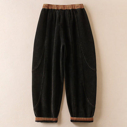 Color Contrast Corduroy Cotton Women's Thermal Fleece-Lined Harem Pants With Pockets
