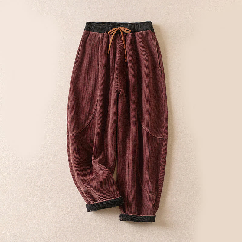 Color Contrast Corduroy Cotton Women's Thermal Fleece-Lined Harem Pants With Pockets