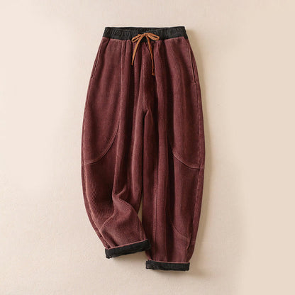 Color Contrast Corduroy Cotton Women's Thermal Fleece-Lined Harem Pants With Pockets