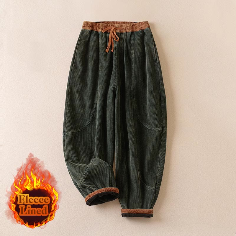 Color Contrast Corduroy Cotton Women's Thermal Fleece-Lined Harem Pants With Pockets