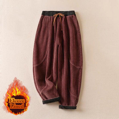 Color Contrast Corduroy Cotton Women's Thermal Fleece-Lined Harem Pants With Pockets